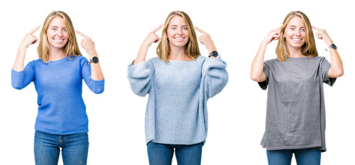 Collage of beautiful blonde woman over white isolated background Smiling pointing to head with both hands finger, great idea or thought, good memory