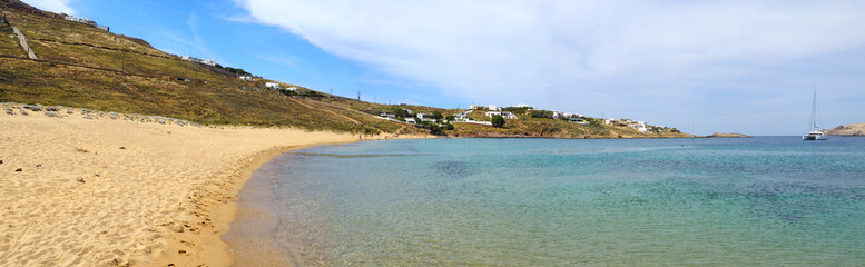 panoramic view of Fokos beach, north of Mykonos, Cyclades island in the heart of the Aegean Sea