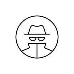 Vector outline anonymous icon. An incognito person in hat and glasses in circle frame isolated on white background. Concept of anonymity, agent detective, theft, fraud protection, hacker activity.