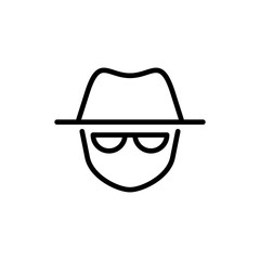 Vector outline anonymous icon. An incognito face in hat and glasses isolated on white background. Concept of anonymity, agent detective, theft, fraud protection, hacker activity.