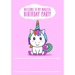 Cartoon Happy Birthday Magical Unicorn illustration Invitation Greeting Card with fun and cute look pastel color