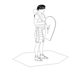 warrior character, contour visualization, 3D illustration, sketch, outline