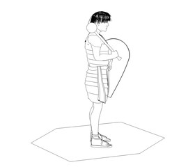 warrior character, contour visualization, 3D illustration, sketch, outline