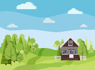 Obraz na płótnie Canvas Summer or spring landscape background with country farm brick house
