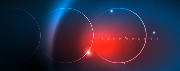Trendy neon blue abstract design with waves and circles. Neon light glowing effect. Abstract digital background.