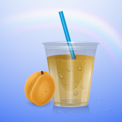 The juice and fresh apricot, Mockup Filled Disposable Plastic Cup With Straw. Orange, Apricot Fresh Drink. Yellow, Orange Juice.Transparent illustration. Mock Up Template for your design