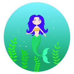 Beautiful, cute vector illustration of mermaid, which swim in the water and with green plants. White background. 