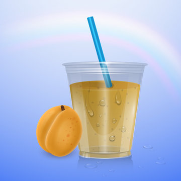 The juice and fresh apricot, Mockup Filled Disposable Plastic Cup With Straw. Orange, Apricot Fresh Drink. Yellow, Orange Juice.Transparent illustration. Mock Up Template for your design