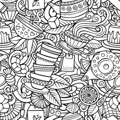 Fototapeta na wymiar Cartoon cute doodles hand drawn Tea House seamless pattern.