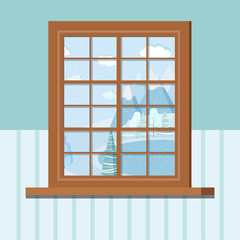 Wooden room window frame in flat cartoon style vector background illustration.