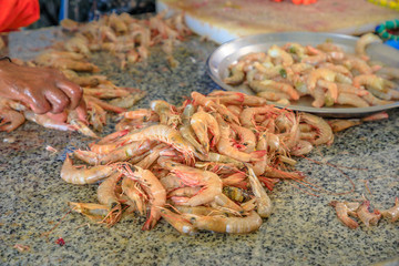 Close up of a lot of shrimp at Al Khor Fish Market, located near to corniche. Qatar, Middle East, Arabian Peninsula.