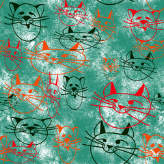 Seamless pattern of simple images of cat heads. Green, orange, red drawings on a spotted turquoise background.