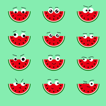 Vector set of twelve isolated watermelons-emoticons cartoon style character illustration.