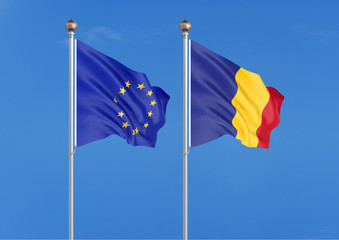European Union vs Romania. Thick colored silky flags of European Union and Romania. 3D illustration on sky background. - Illustration