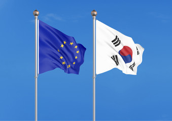 European Union vs South Korea. Thick colored silky flags of European Union and South Korea. 3D illustration on sky background. - Illustration