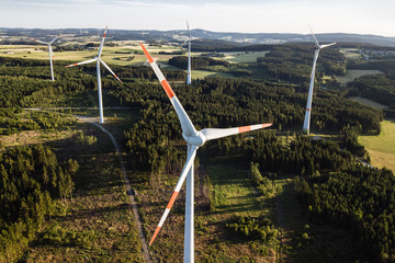 Wind Turbine in the sunset seen from an aerial view