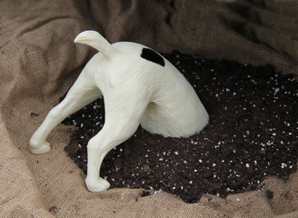 A Model of a Dogs Head Digging in a Pile of Soil.