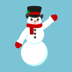Isolated cute cartoon snowman in scarve, mittens and hat with mistletoe in flat style.