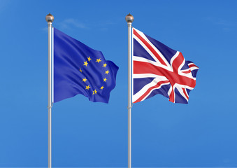 European Union vs United Kingdom. Thick colored silky flags of European Union and United Kingdom. 3D illustration on sky background. - Illustration