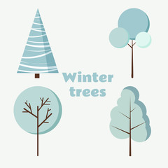 Set of isolated winter trees on white background in cartoon flat style.