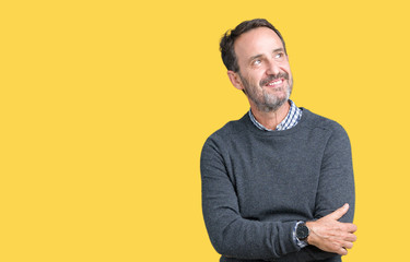 Handsome middle age senior man wearing a sweater over isolated background smiling looking side and staring away thinking.