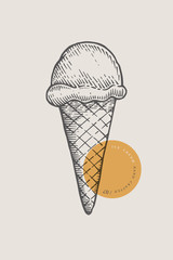 Graphically hand-drawn ice cream in a waffle cone. Engraving with a cold delicacy for the menu of restaurants, for packaging in markets and in shops. Vector vintage illustration.