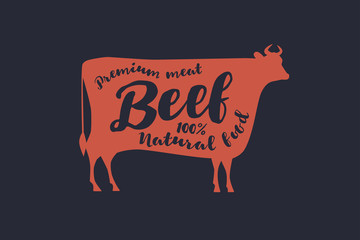 Image of a red silhouette of a cow with the inscription. Farm animal with sample text. Emblem for butcher shops, markets, packaging and advertising. Vector illustration on dark background.