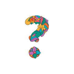 Colorful Floral Ornamental Alphabet, Initial Question Mark Font. Vector Typography Symbol. Multicolored Poster for Adults. Isolated Ornament Design for Book Covers