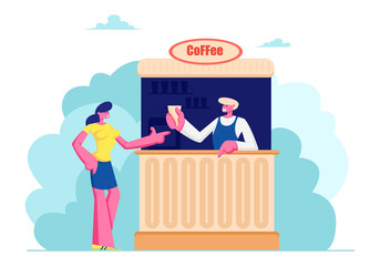 Young Woman Buying Coffee in Booth on Street