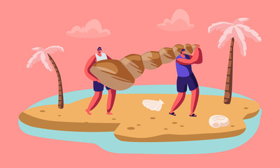 Couple of Male Tourist Characters Carry Huge Seashell on Sandy Tropical Beach. People Relaxing on Summer Vacation, Tropical Resort, Trip. Summertime Seaside Activity. Cartoon Flat Vector Illustration