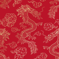 Oriental dragon flying in clouds seamless pattern. Traditional Chinese mythological animal hand drawn illustration. Golden festival serpent on red background. Wrapping paper, wallpaper, textile design - 277105209