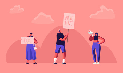 Hippie Male and Female Activist Characters with Banners for Love and Piece, Riot, Picket. Protesting People with Placards and Signboard on Strike or Demonstration, Cartoon Flat Vector Illustration