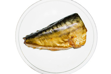 A piece of smoked fish on a white background (mackerel)