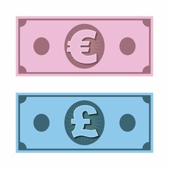 Euro and  British Pound paper moneys,vector Pound symbol,Euro sign,Euro symbol and British Pound sign icon.