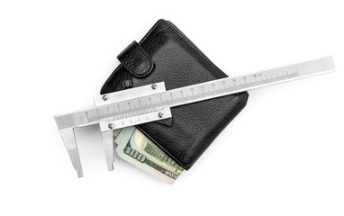 Vernier caliper and wallet with money on white. Planning home  budget. Top view.