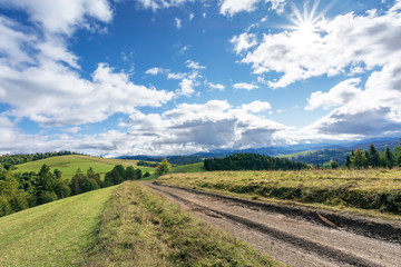 Fototapeta na wymiar dirt road through hillside in mountains. beautiful countryside landscape in early autumn. sunny weather with clouds on the blue sky. explore new horizons of you back country concept