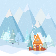Winter landscape with country house, winter trees, spruces, mountains, snow in cartoon flat style.