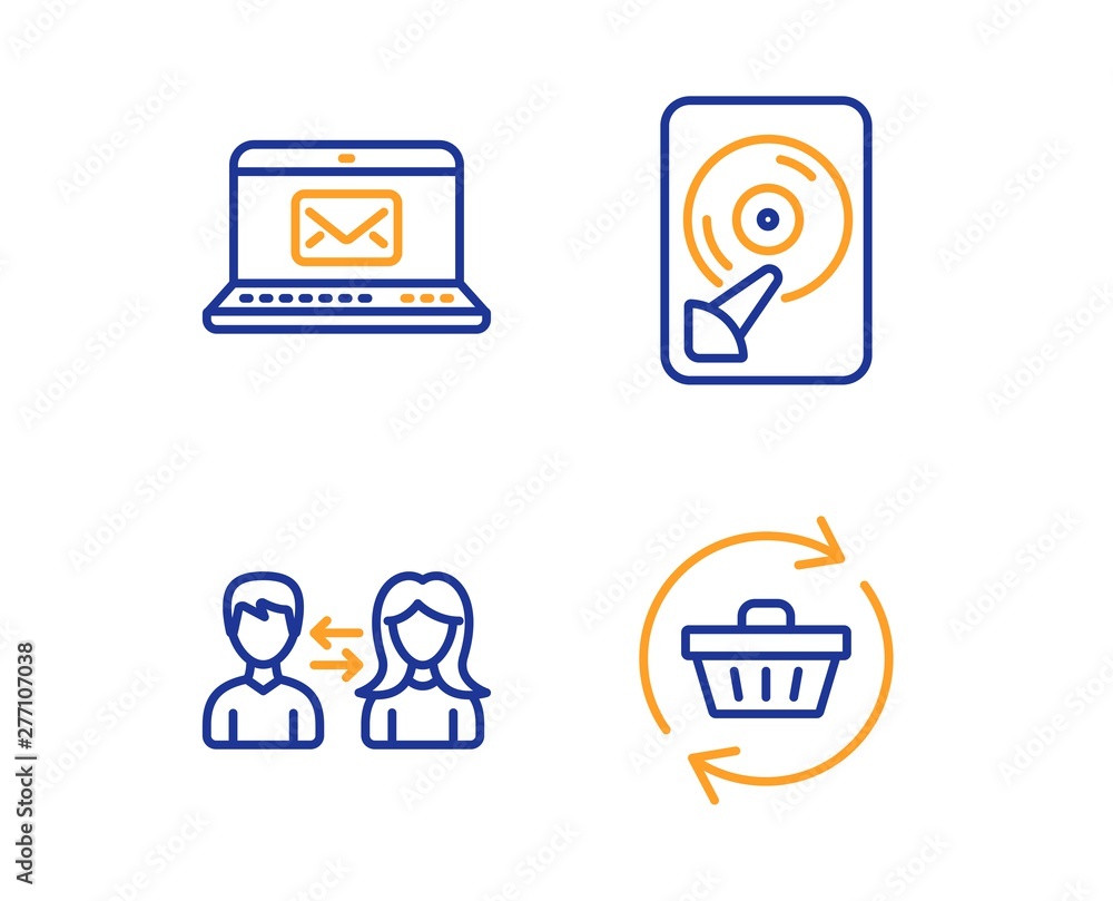 Poster e-mail, hdd and people communication icons simple set. refresh cart sign. new message, memory disk, 