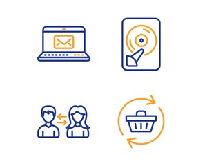 E-mail, Hdd and People communication icons simple set. Refresh cart sign. New message, Memory disk, People talking. Online shopping. Business set. Linear e-mail icon. Colorful design set. Vector