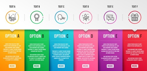 Reward, Plants watering and Breathing exercise icons simple set. Discounts, Bumper cars and Gift box signs. Best medal, Water drop. Business set. Infographic template. 6 steps timeline. Vector