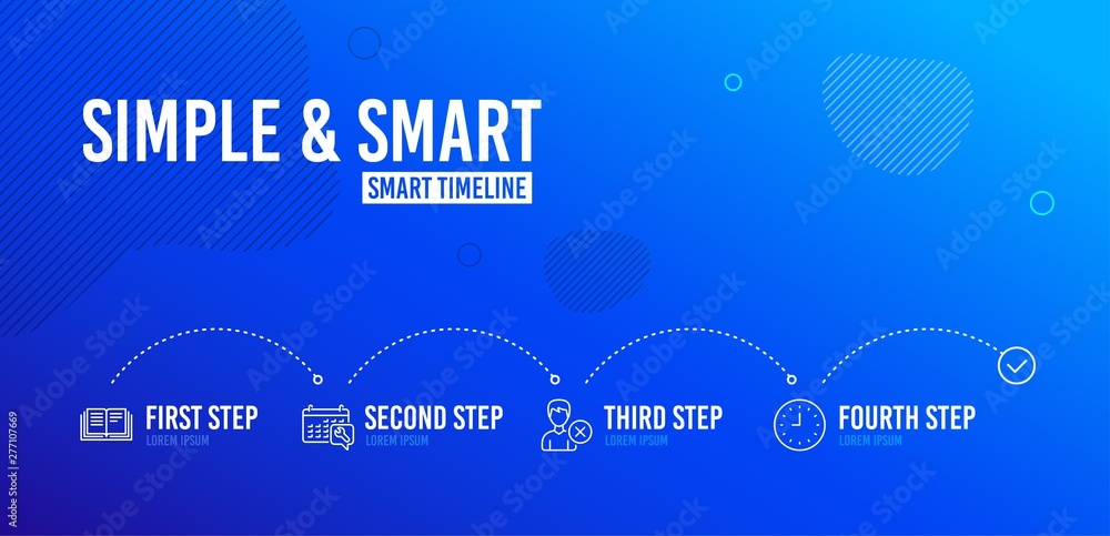 Poster infographic timeline. education, spanner and remove account icons simple set. clock sign. instructio