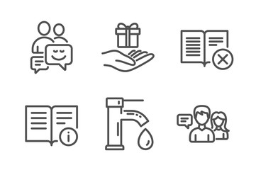 Tap water, Loyalty program and Communication icons simple set. Technical info, Reject book and People talking signs. Faucet, Gift. Business set. Line tap water icon. Editable stroke. Vector