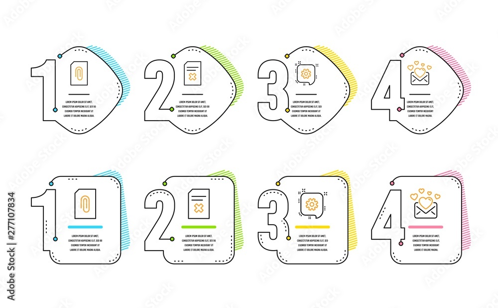 Aufkleber cogwheel, attachment and delete file icons simple set. love mail sign. engineering, attach document,