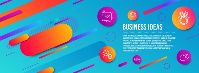 Header banner. Winner, Search flight and Honor icons simple set. Confirmed, Work and Blood donation signs. Sports achievement, Find travel. Business set. Line winner icon. Gradient elements. Vector