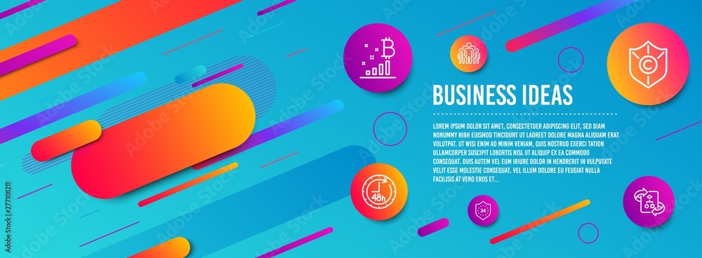 Poster header banner. 24 hours, copyright protection and bitcoin graph icons simple set. 48 hours, group an