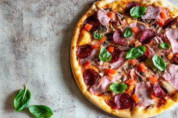 Hot pizza with ham, mushrooms, salami, tomatoes, cheese and Basil on a beautiful gray background