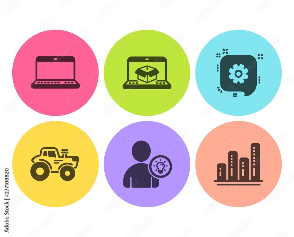 Poster user idea, notebook and tractor icons simple set. cogwheel, online delivery and graph chart signs. l