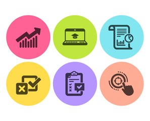 Checklist, Demand curve and Website education icons simple set. Checkbox, Report and Seo target signs. Survey, Statistical report. Technology set. Flat checklist icon. Circle button. Vector