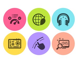 Correct answer, Headphones and Environment day icons simple set. Swipe up, Motherboard and Search signs. Approved, Earphones. Technology set. Flat correct answer icon. Circle button. Vector