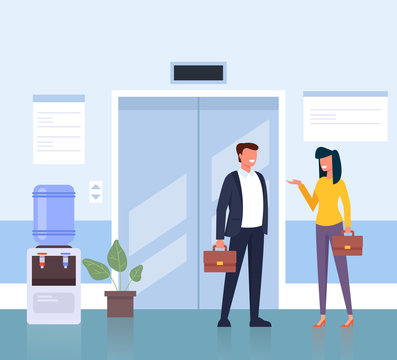 Business people man and woman character waiting elevator in business center hall company. Business life concept. Vector flat cartoon graphic design illustration